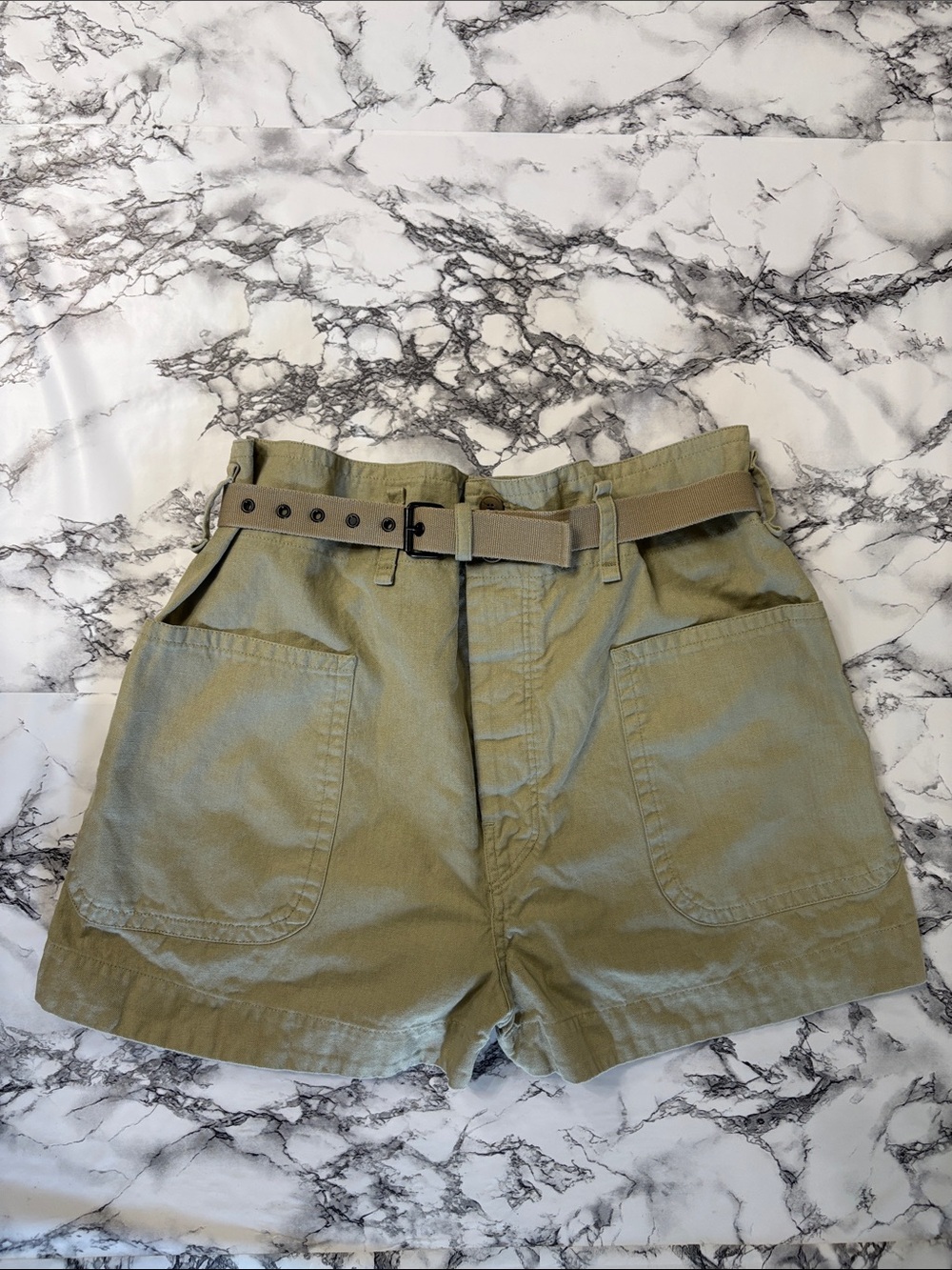 Isabel Marant Etoile  Short High Waist Belted Cotton Linen Blend Khaki